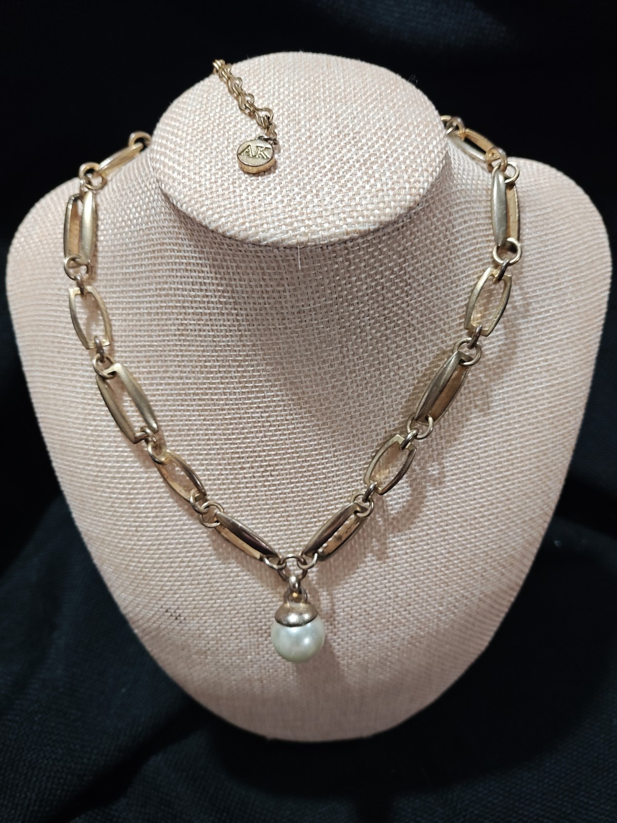 Anne Klein Antique Gold-Tone Paperclip Link Chain Necklace w/Faux Pearl Pendant.