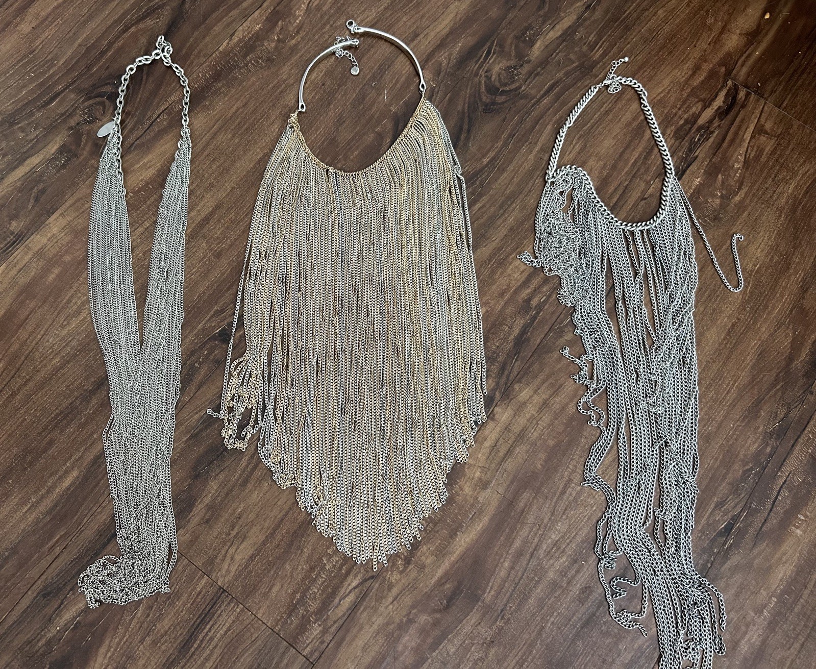 Lot of 3 Statement Necklaces Cara N.Y. Fringe, Chain, Multi-Strand, Silver Gold
