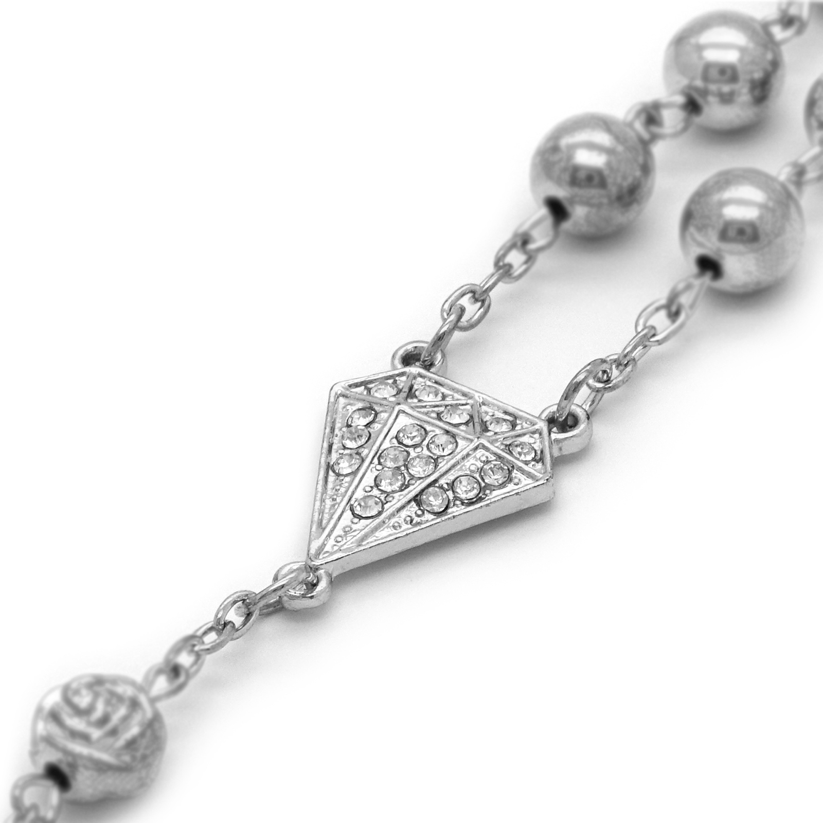 Hip Hop 8mm SILVER plated Beads D-Shape Cubic-Zirconia Rosary & Jesus Cross