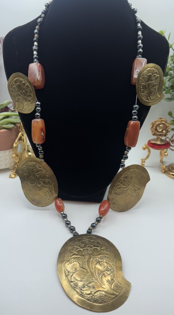 Vintage Boho Ethnic Mixed Metal Necklace Copper Brass Black Beads Statement 32”