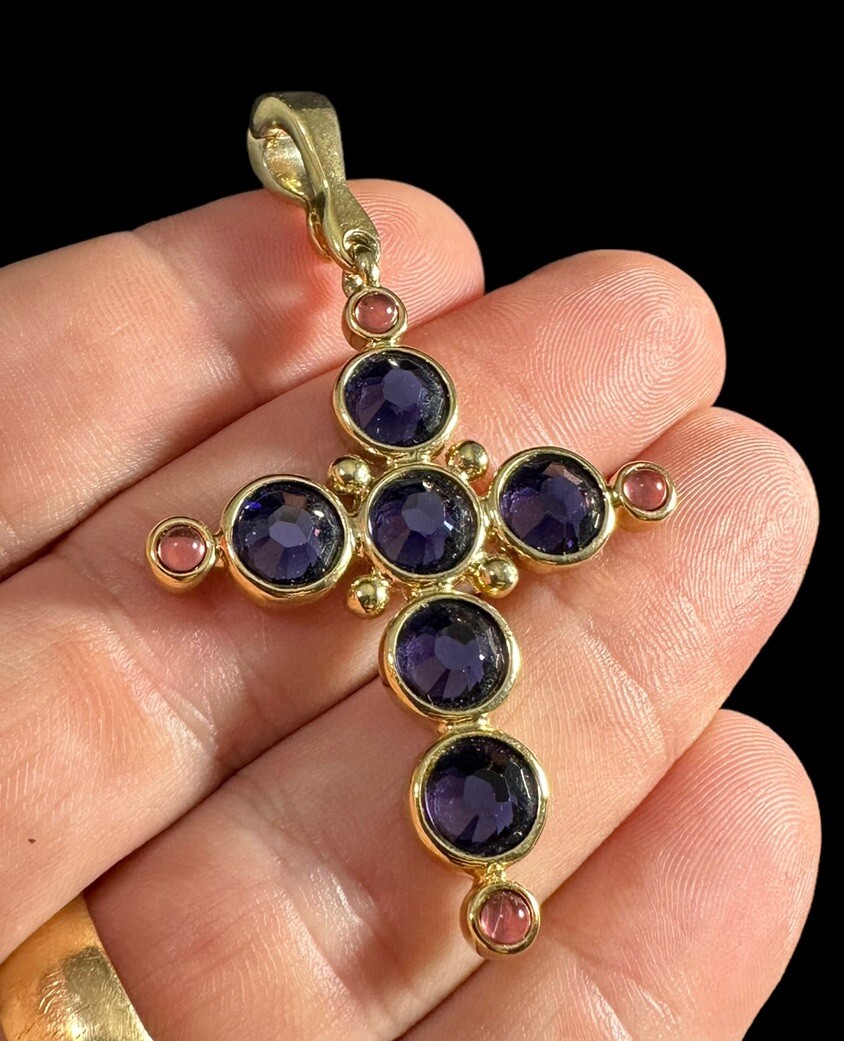 Pendant Cross Signed Francesca Visconti Gold Tone Pink And Purple Rhinestone