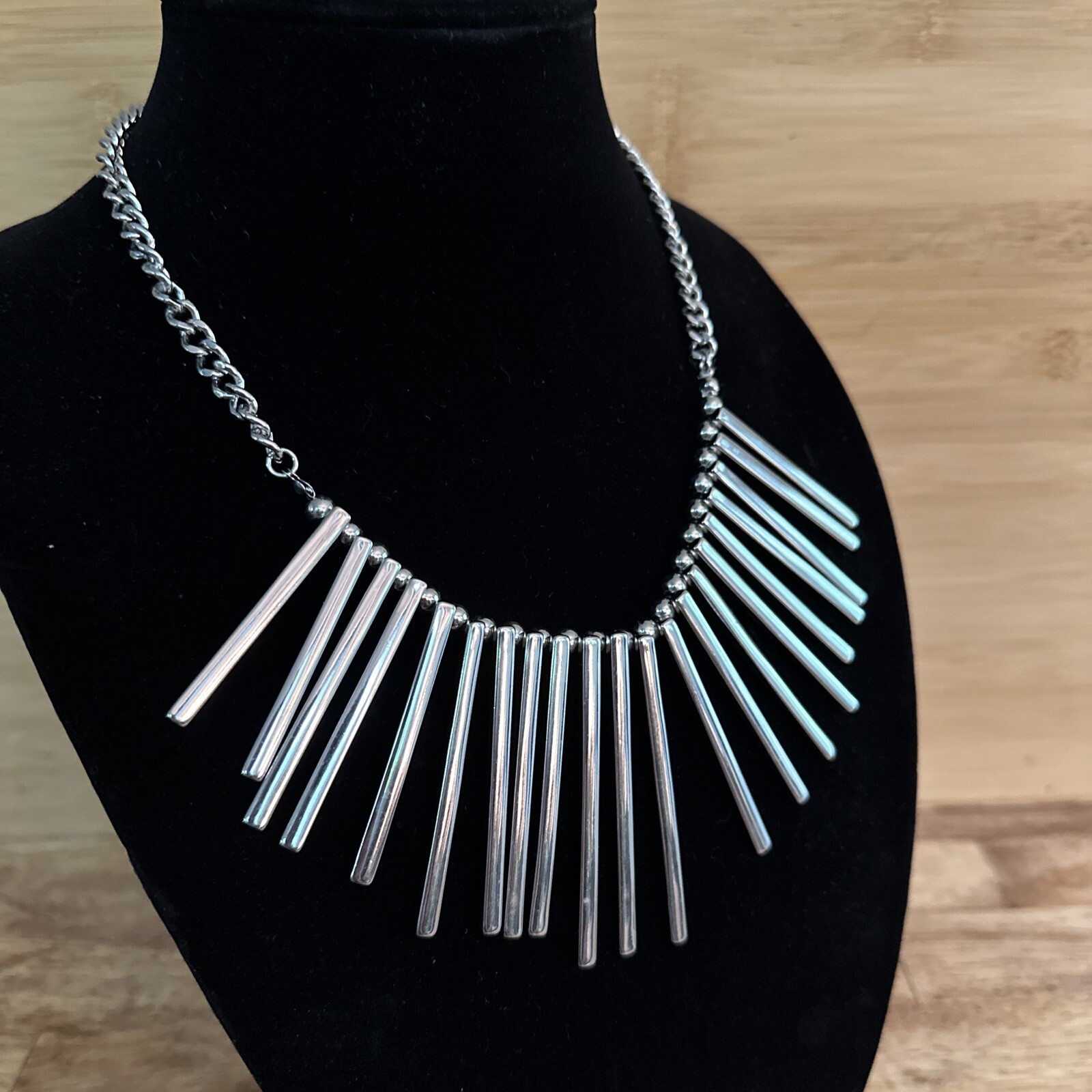 Bar Spike Collar Statement Necklace Silver Tone Chain 17-21” Modern Jewelry