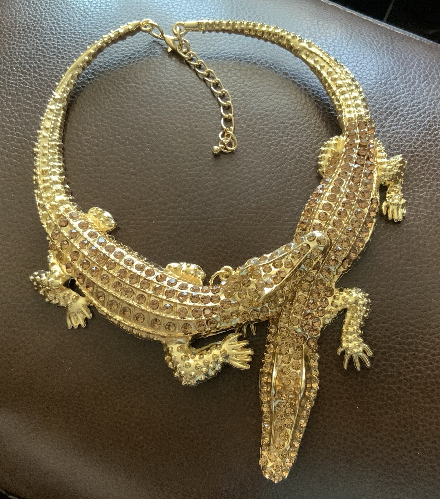 Crocodile Alligator Necklace Gothic Chunky Gold Statement Museum Art VTG CZ