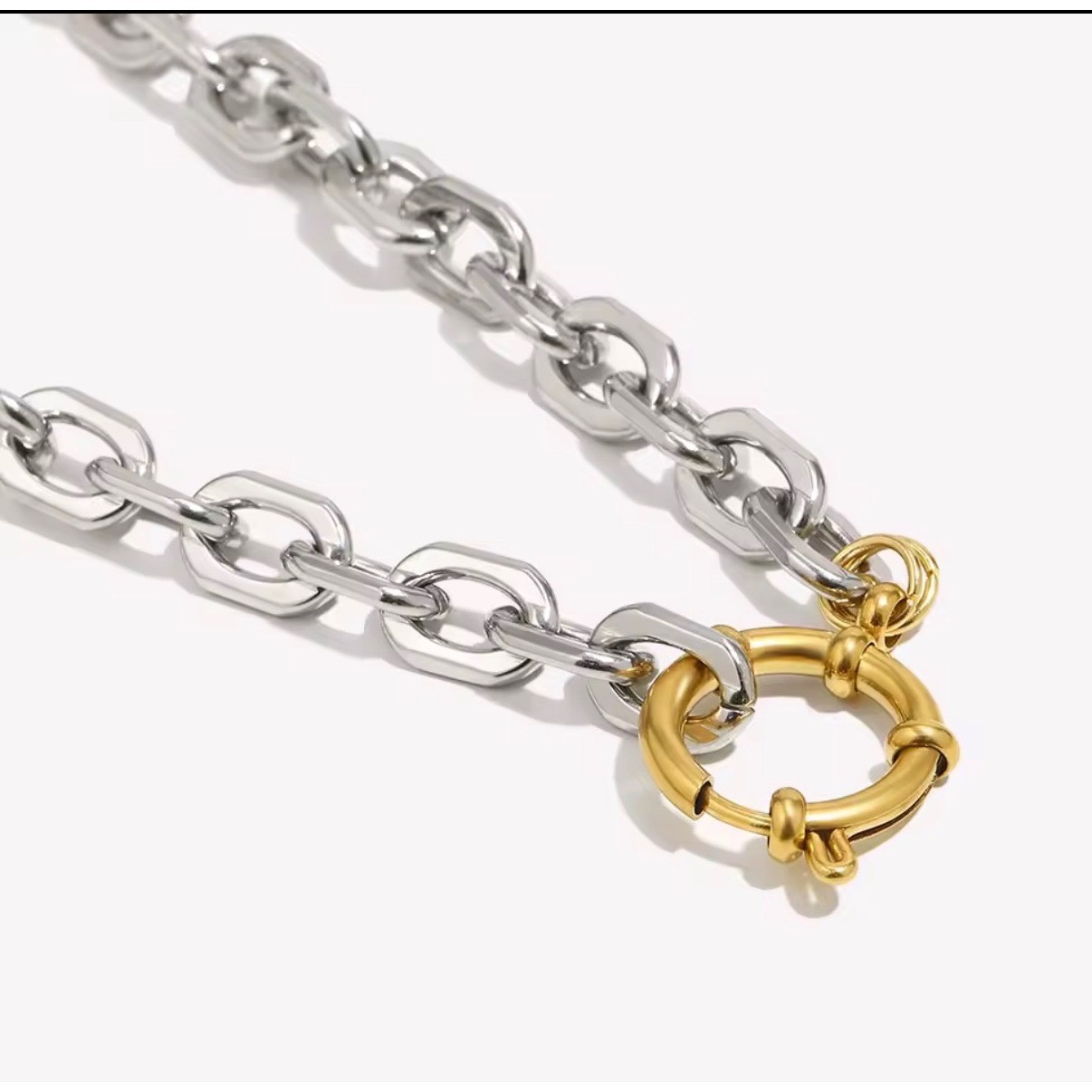 Two Tone Chunky Chain Link Necklace Gold Silver Mixed Metal Sailor Clasp Choker