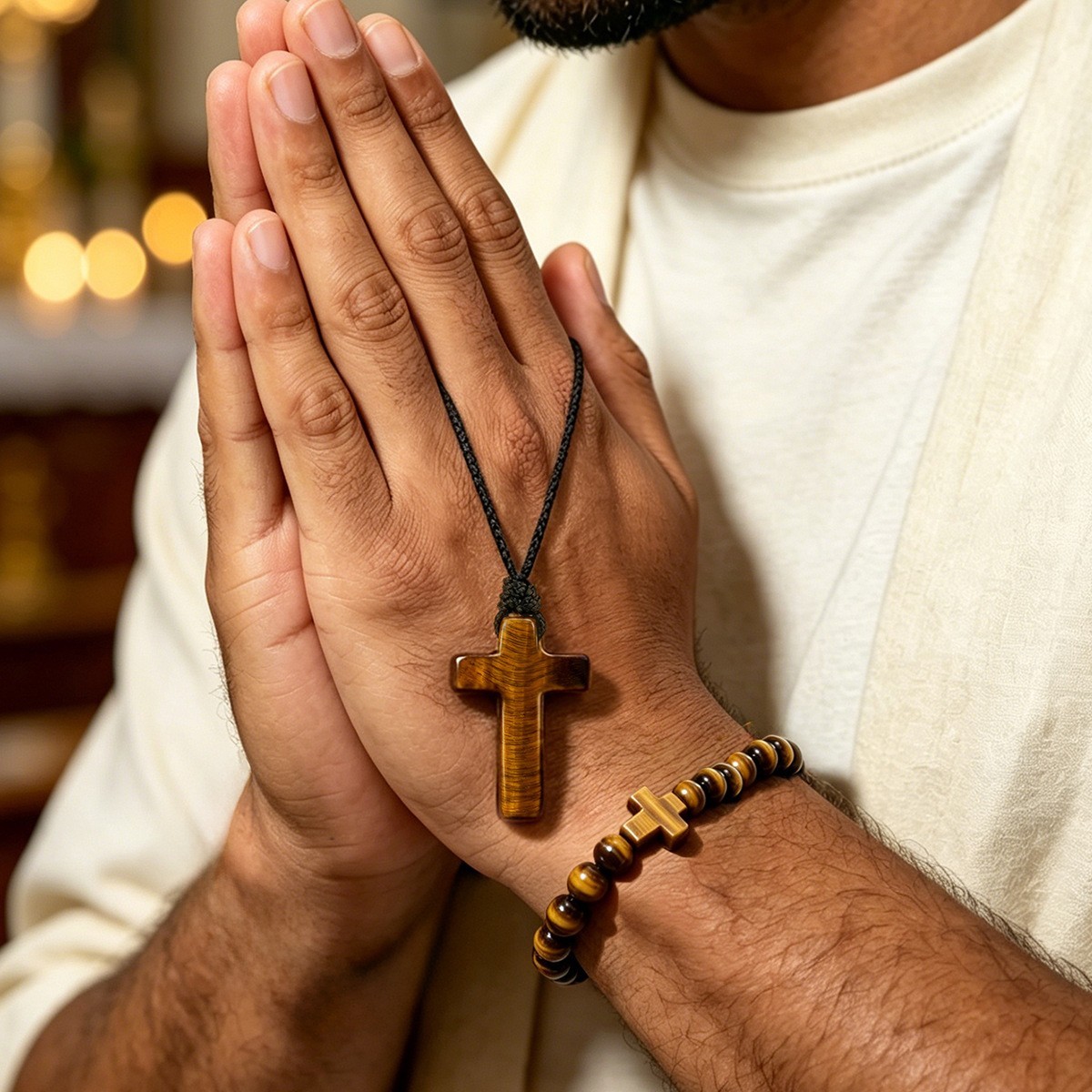 Brown Premium Tiger Eye Cross Pendant Religious Prayer Healing Unisex Necklace