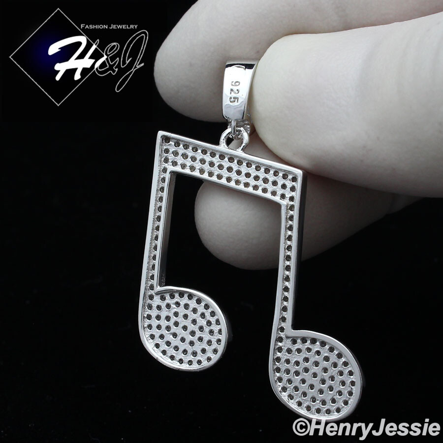 MEN WOMEN SOLID 925 STERLING SILVER ICY BLING CZ 3D MUSIC NOTE PENDANT*SP281
