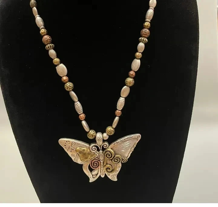 READ! Vintage Mixed-Metal Repoussé Boho Industrial Butterfly Pendant Necklace