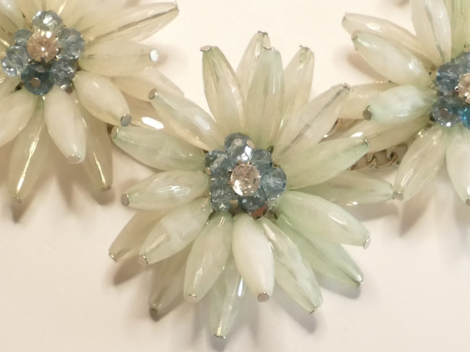 Large White Opalescent Floral Statement Bib Necklace Blue Rhinestone Flower