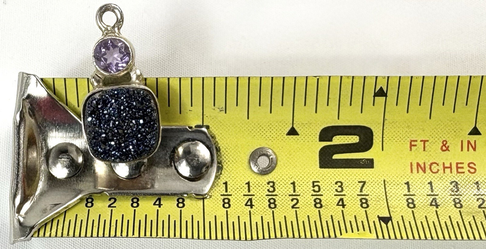 Stamped 925 Silver Blue Druzy Quartz & Light Purple Stone Pendant Made In India