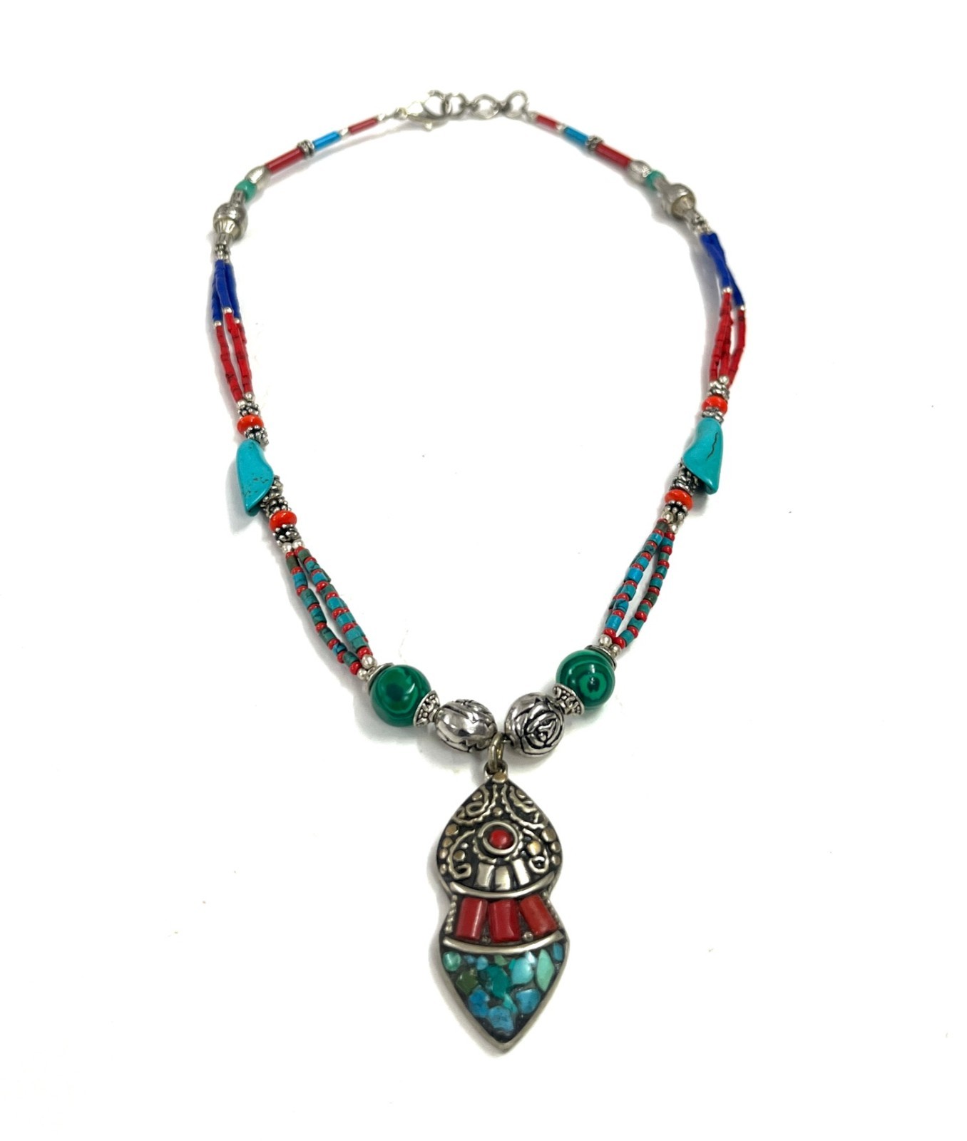 Vintage Coral Turquoise Gemstone Tibetan Style Necklace Jewelry, 17 Inch Adjs