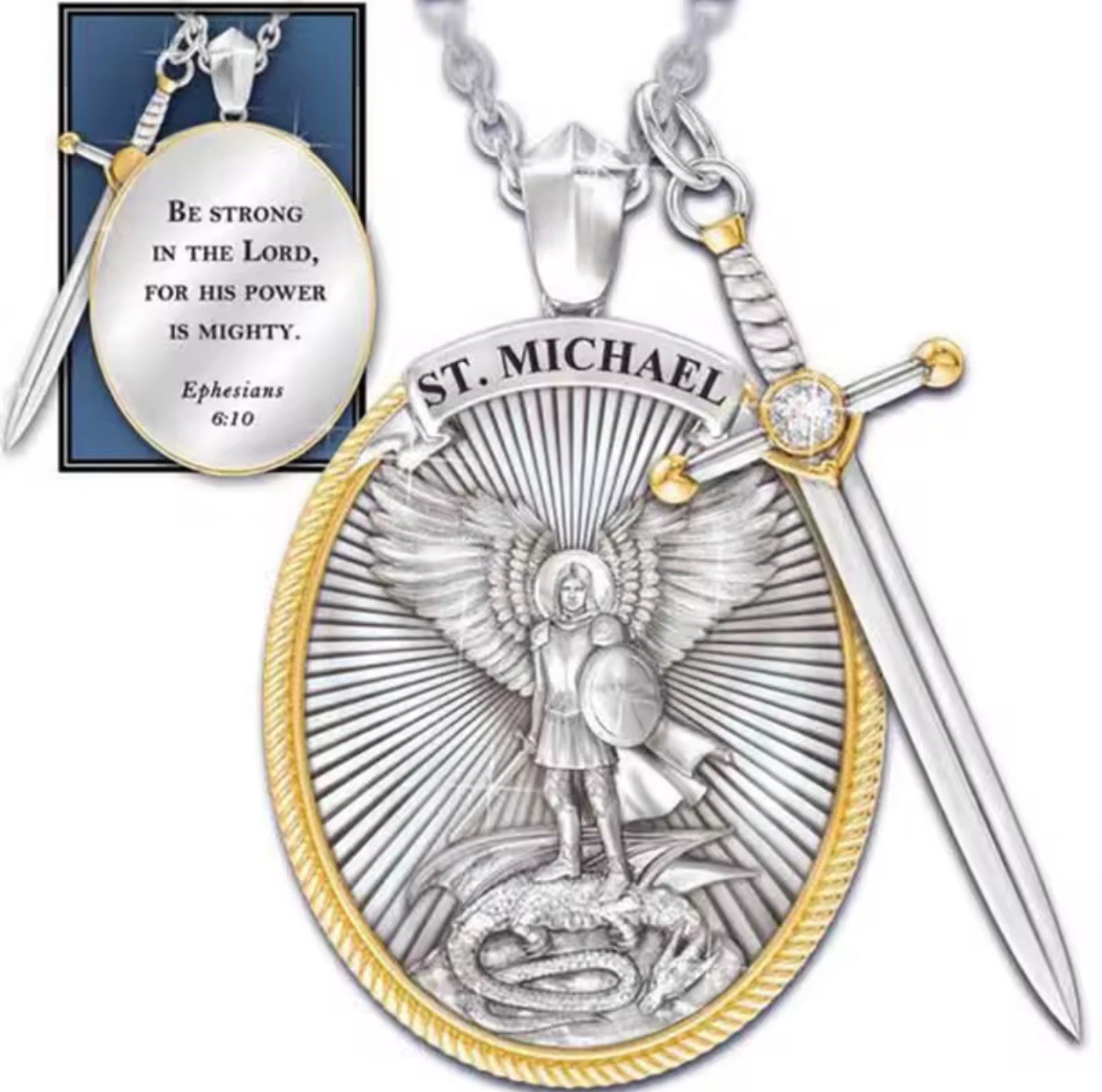 St Michael Archangel Pendant Necklace Stainless Steel Shield Lord’s Prayer 18″