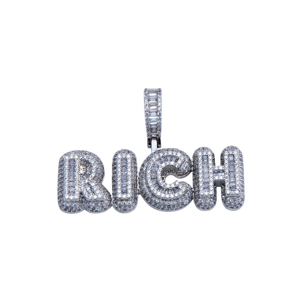Rhodium Plated 925 Sterling Silver CZ RICH Hip Hop Cash $ Money Word Pendant