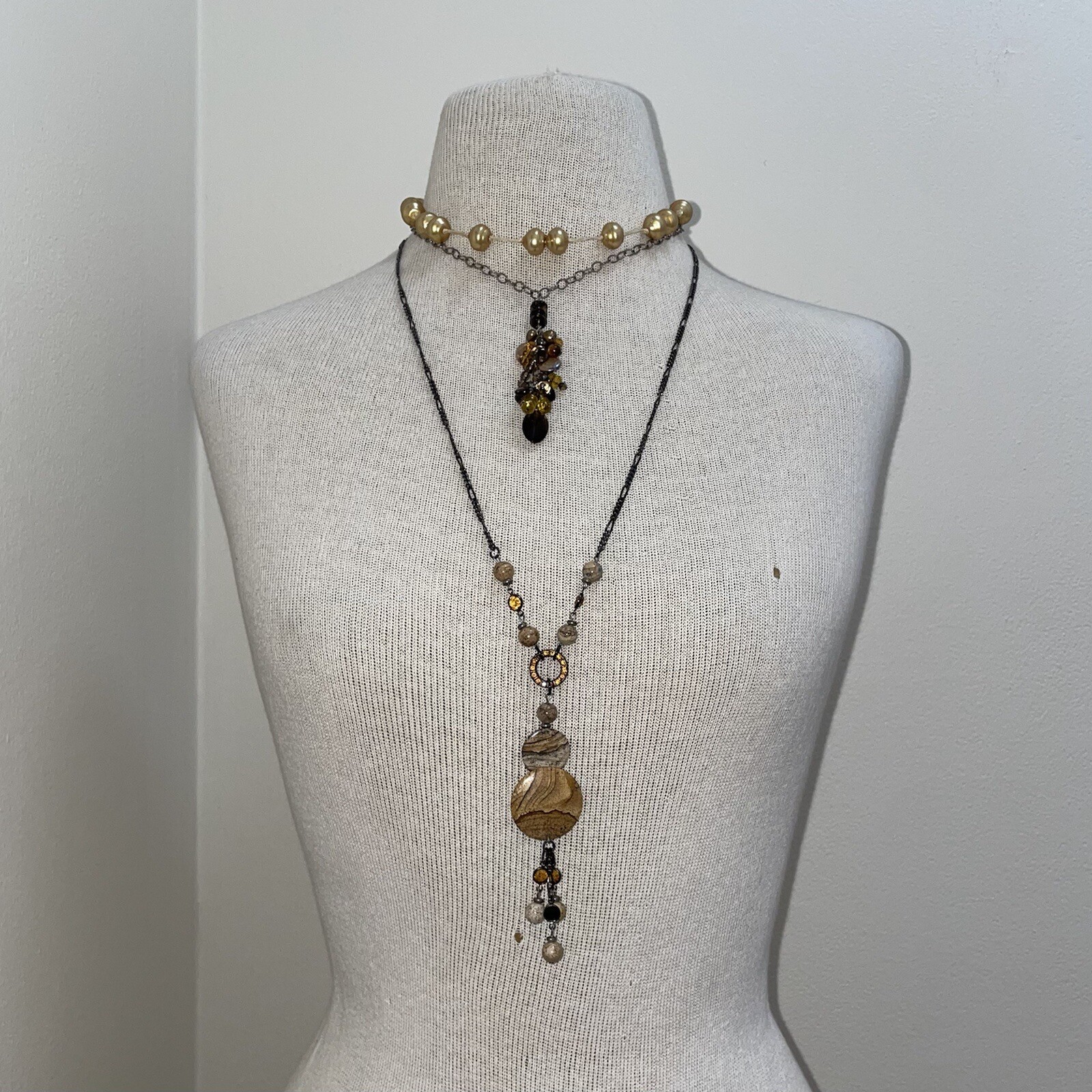 Set Of 3 Bohemian Western Gold/Brown Natural Stacked Necklaces
