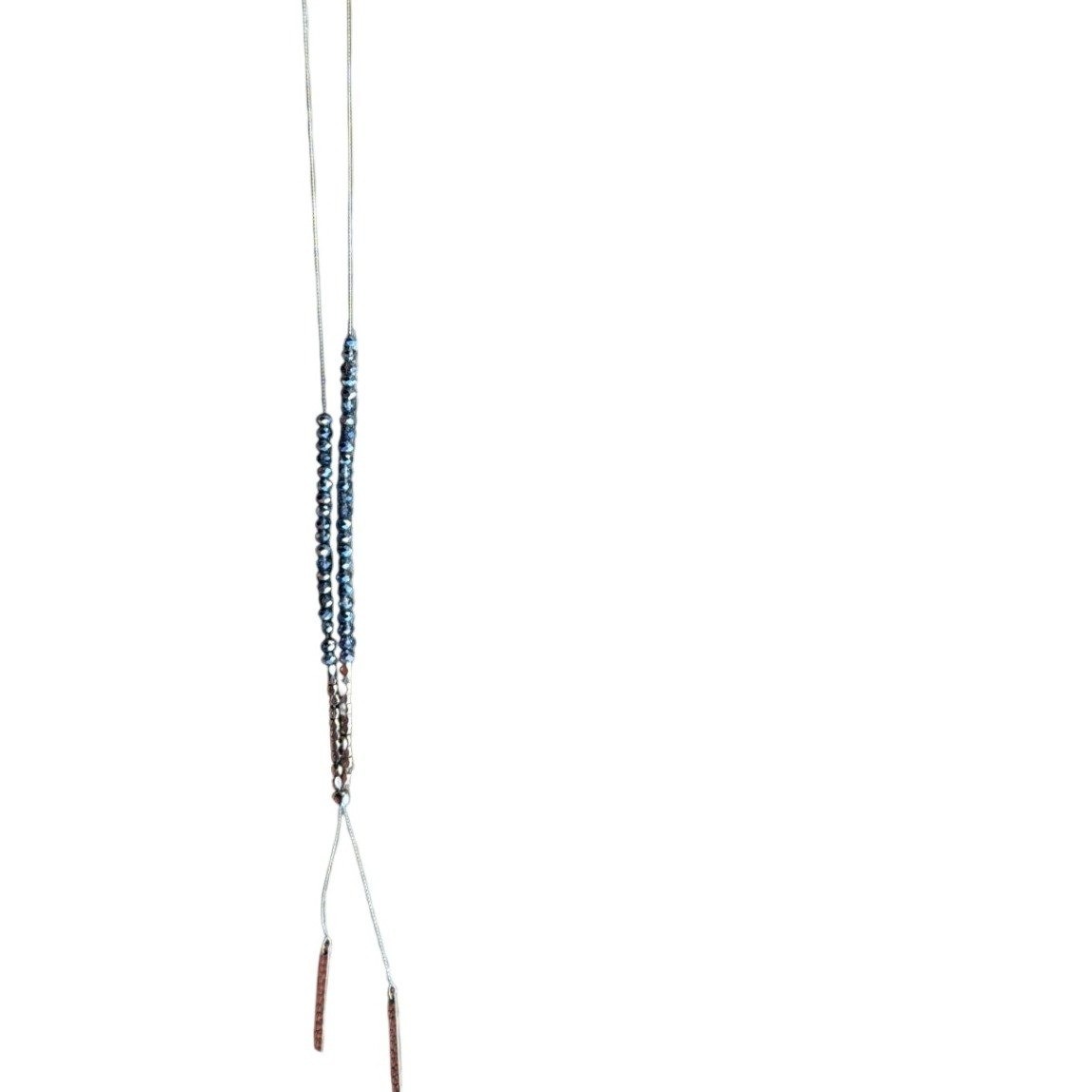 Silver Tone Blue Beaded Lariat Necklace with Bar Pendants Minimlist Layered