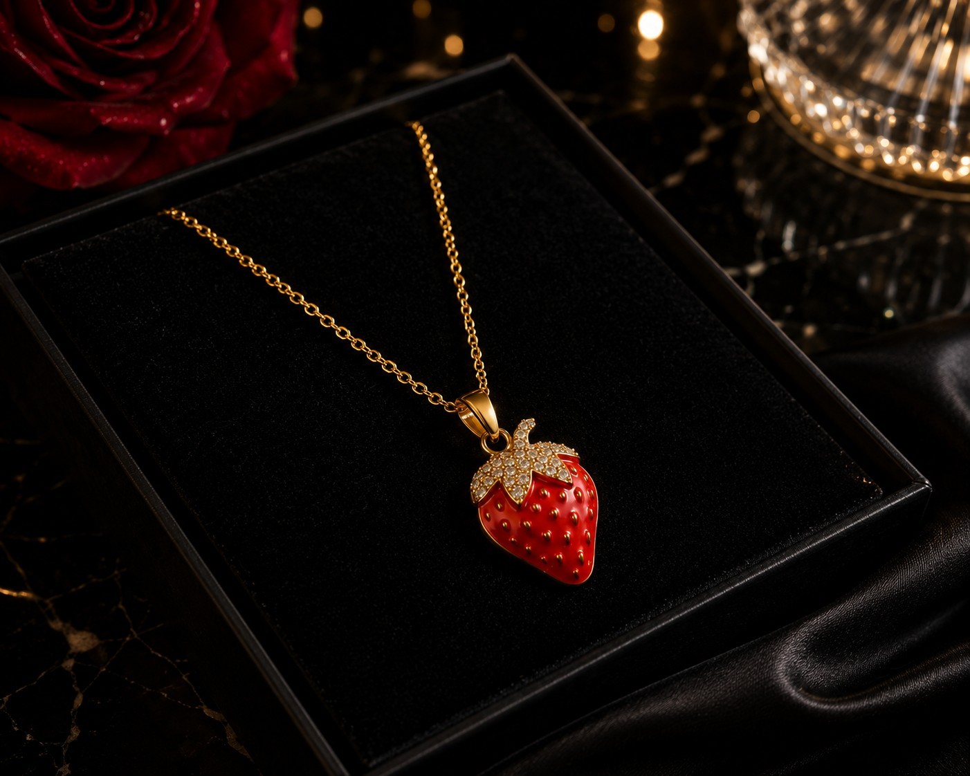 Gold Tone Strawberry Pendant Necklace Red Enamel Crystal Fruit Charm 18″
