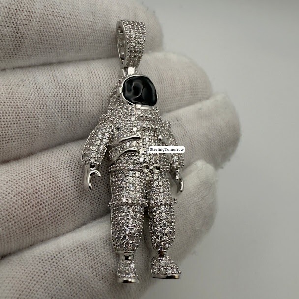 Astronaut Iced Out Pendant 14K White Gold Plated + Free AntiTarnish Rope Chain