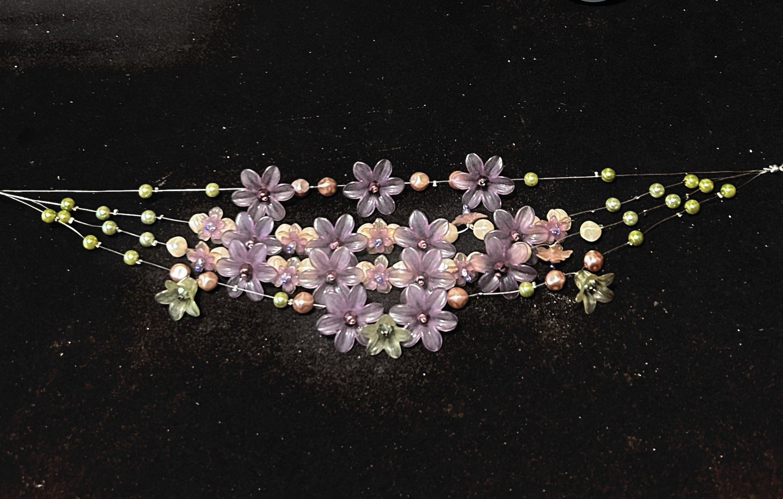 Floral Acrylic Necklace Earrings Faux Pearls Fairy Lavender Rhinestones