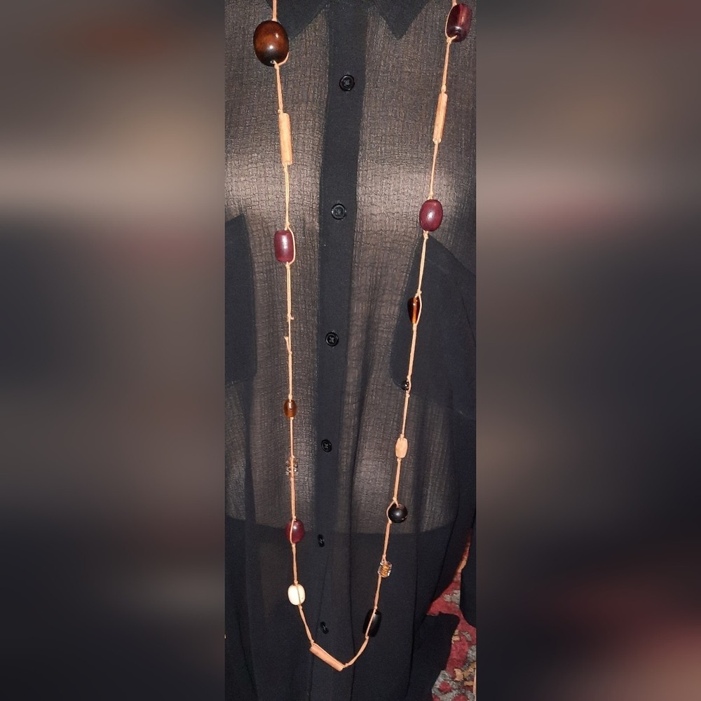 long wood, Art glass indonesian style cord Station Boho Beaded necklace