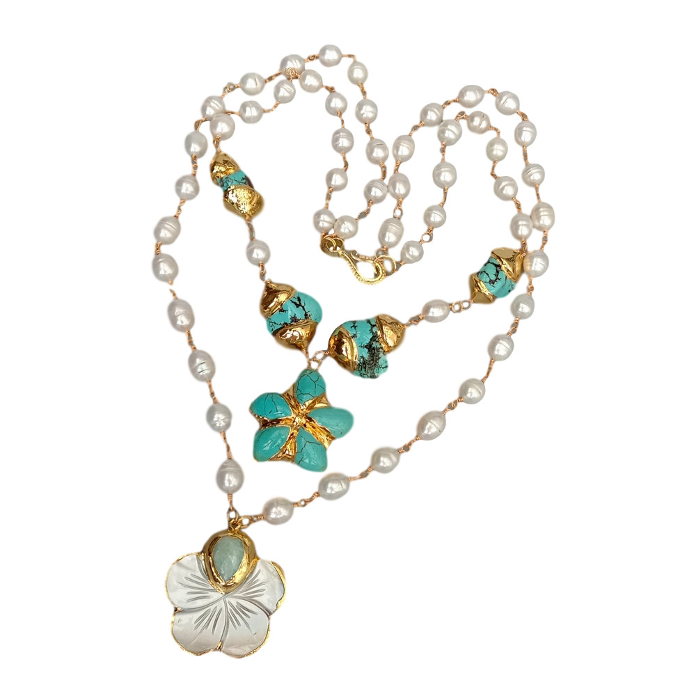 Cultured White Rice Pearl Blue Turquoise Necklace Shell Flower Pendant 19″