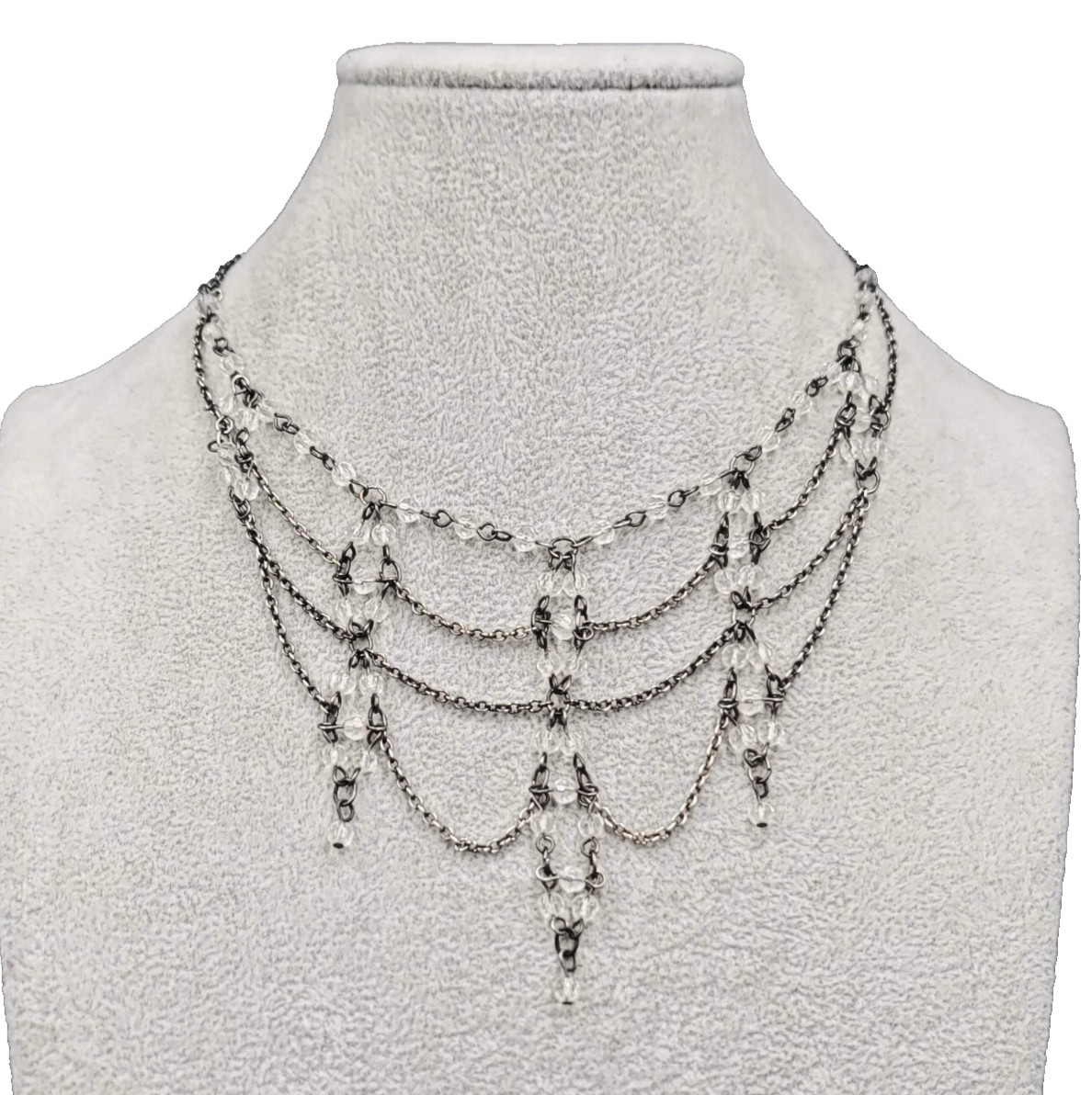 Draped Chain Clear Bead Necklace Gunmetal Gray Adjustable