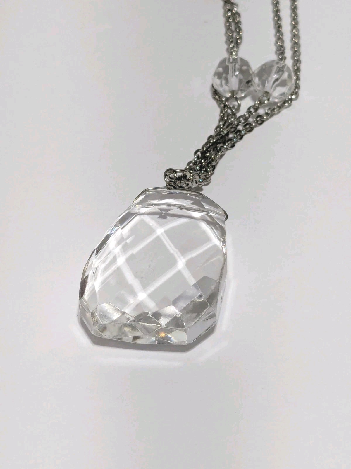 Silver Tone Chain Necklace With Clear Glass Beads & Faceted Rectangular Pendant