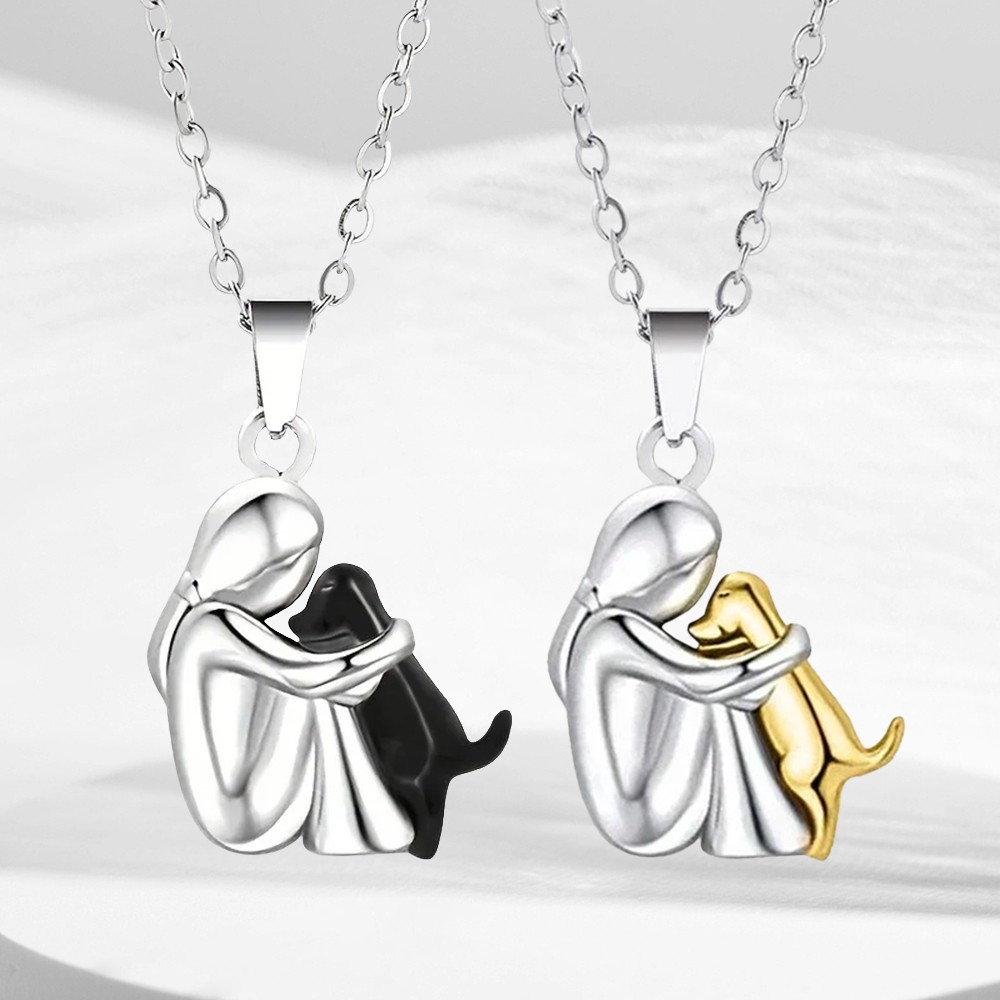 Pet Lover Necklace Pendant Woman Hugging Dog Gift Zinc Alloy Chain Jewelry