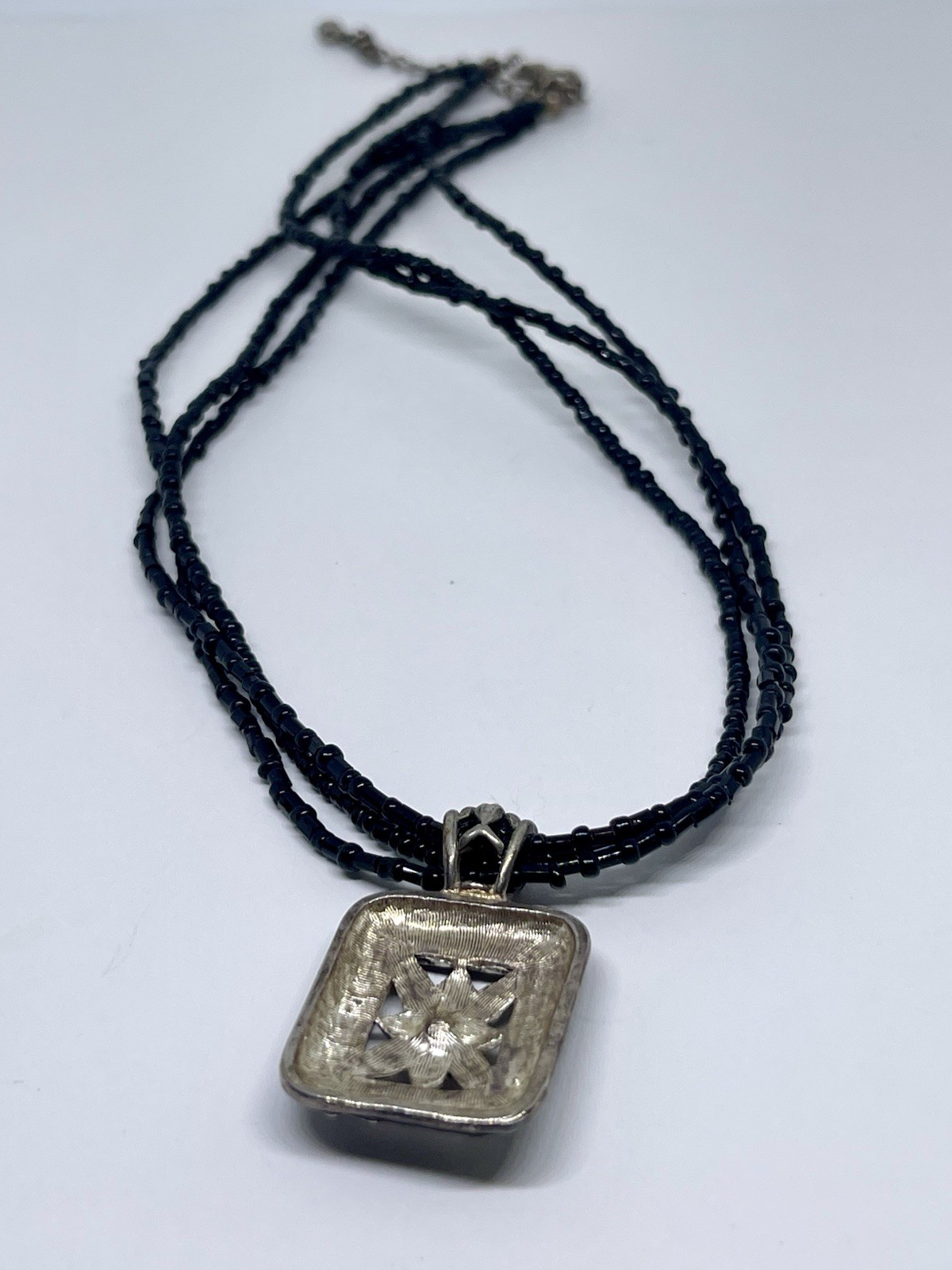 Lady Remington Black Enamel Flower Pendant Gold Wash Tone Black Bead Necklace