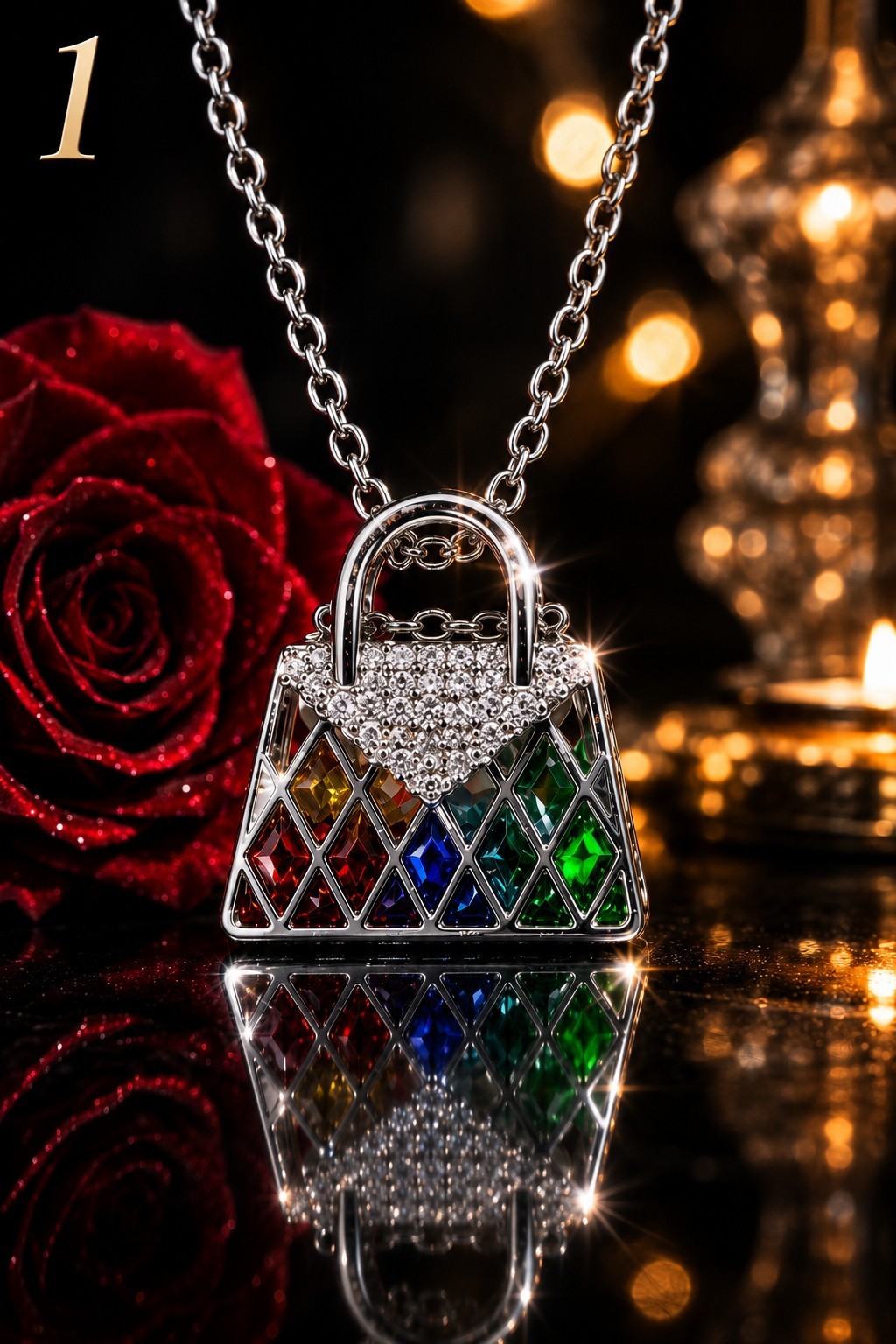 Silver Tone Crystal Handbag Purse Pendant Necklace Rainbow Rhinestone Gift