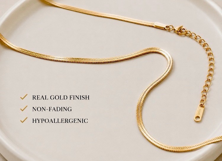 Real Gold Finish 3mm Snake Bone Chain Necklace Titanium Steel 40+5cm Women