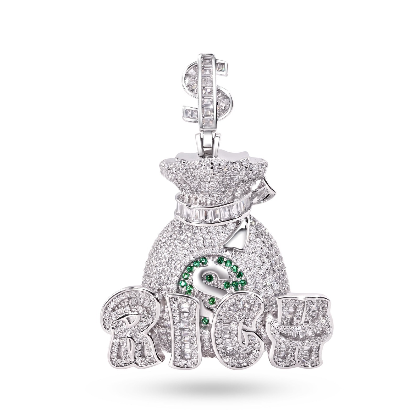 Rhodium Plated 925 Sterling Silver Money Bag Rich CZ Dollar Cash $ Sign Pendant