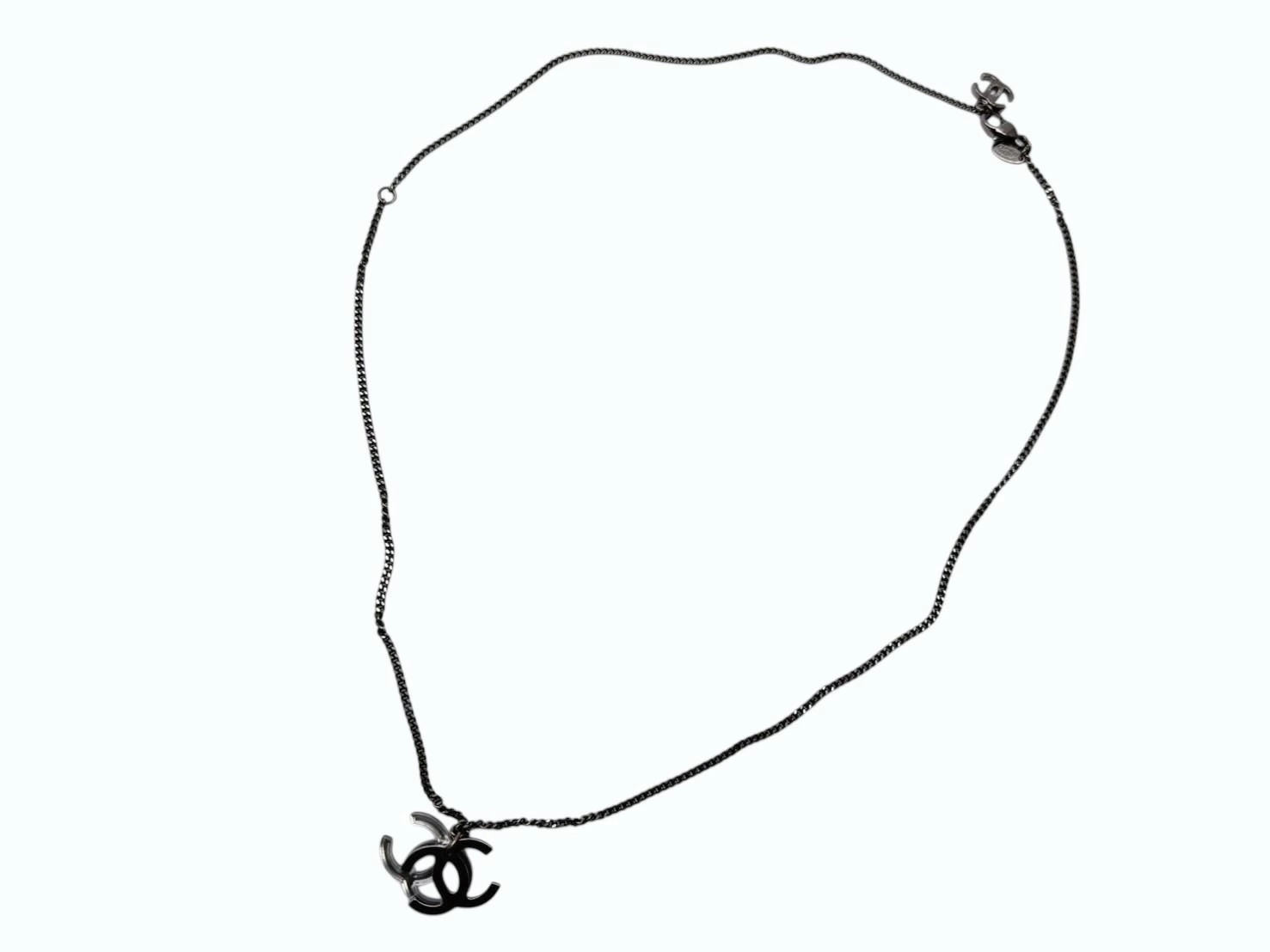 CHANEL Double Coco Mark Necklace 09A Weight 11.0g Clear Logo Silver Hardware 4b0
