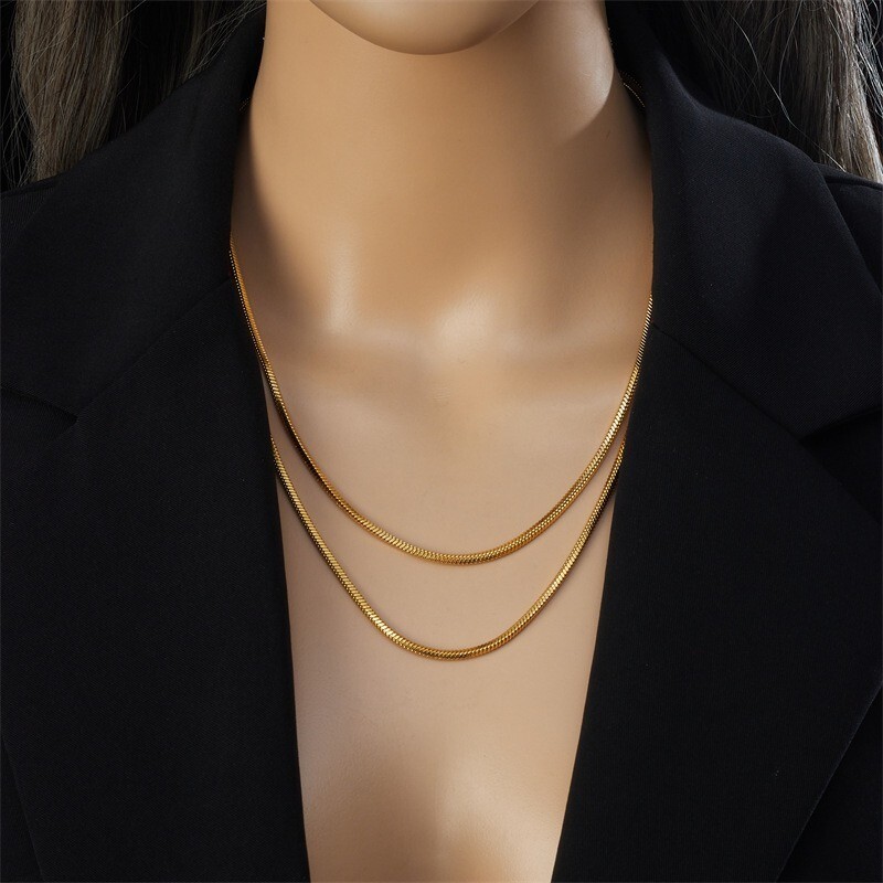 Woman 18K Gold Plated Stainless Steel Square Snake Chain 2 Layers Chain Necklace