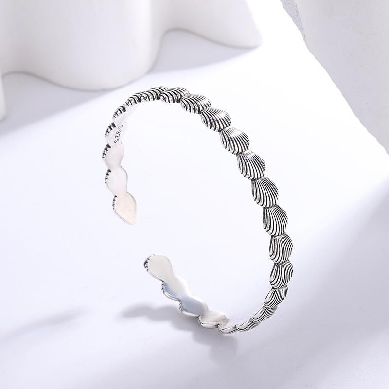 925 Sterling Silver Shell Open Bangle Retro Thai Silver Creative Cuff Bracelet