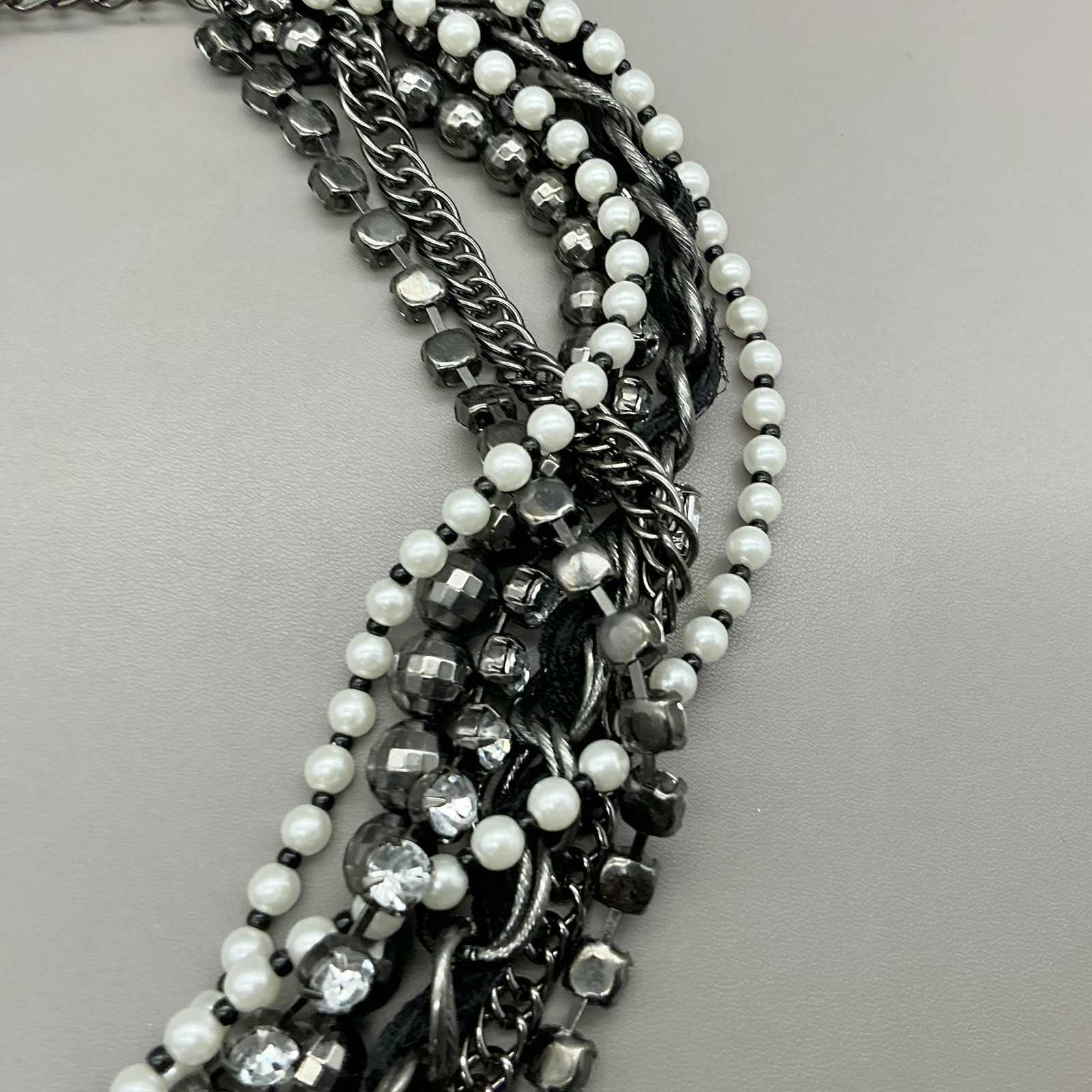White House Black Market Necklace Gunmetal Faux Pearl Rhinestone Multi Strand