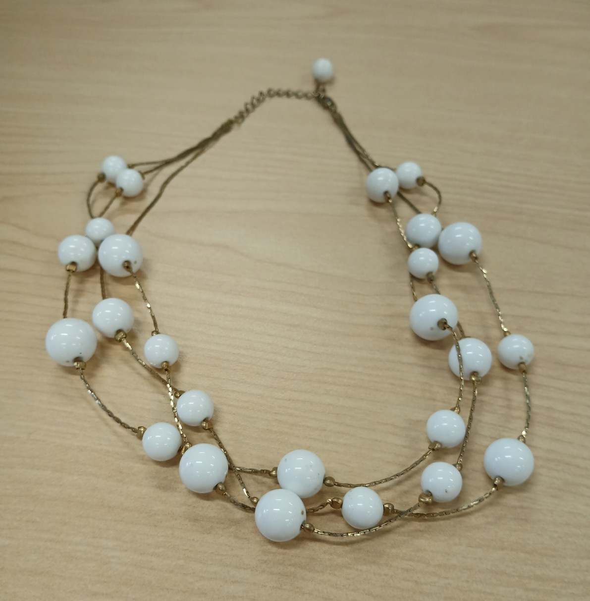 White Bead Multi Strand Necklace Gold Tone Cable Chain Adjustable Lobster
