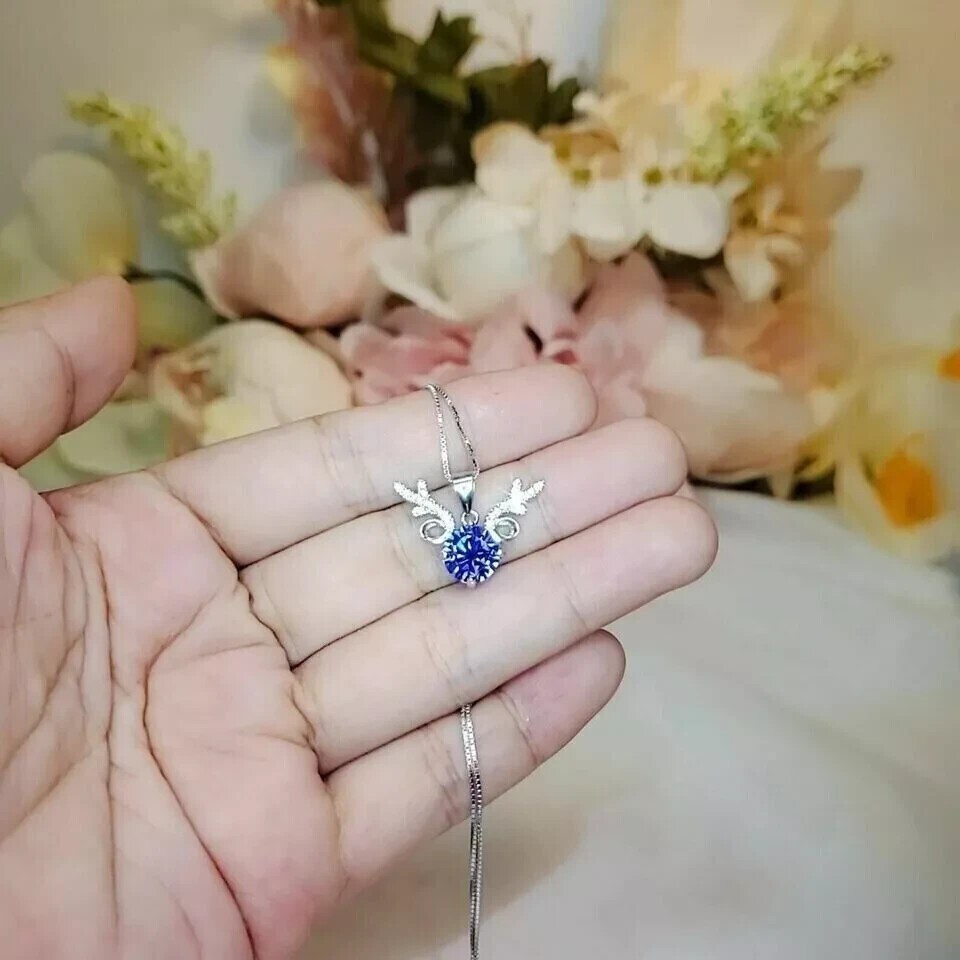 Round Simulated Blue Sapphire Stunning Women’s Pendant 14K White Gold Plated