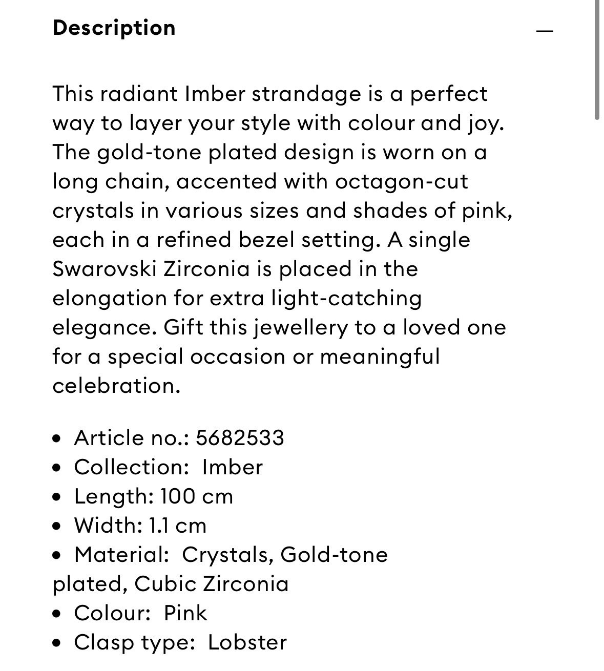 Swarovski Imber strandage Octagon cut, Long, Pink, Gold-tone plated Necklace