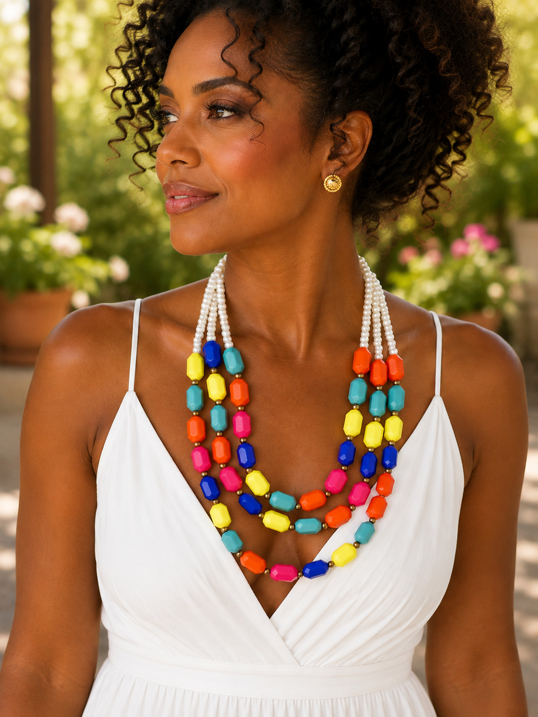 Colorful Multi Strand Statement Necklace White Seed Beads Geometric Acrylic Bead