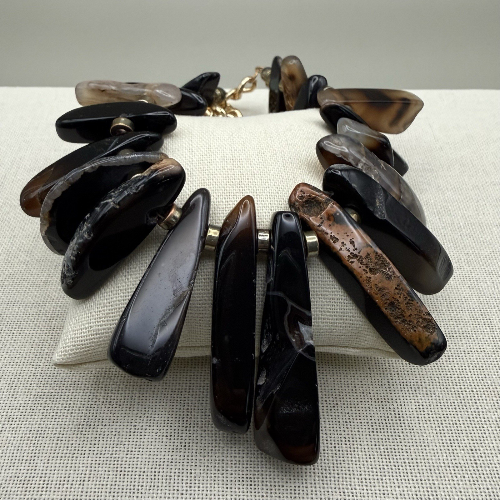 Stone Slice Collar Statement Bib Necklace Brown Black Grey 22″ Artisanal Earthy