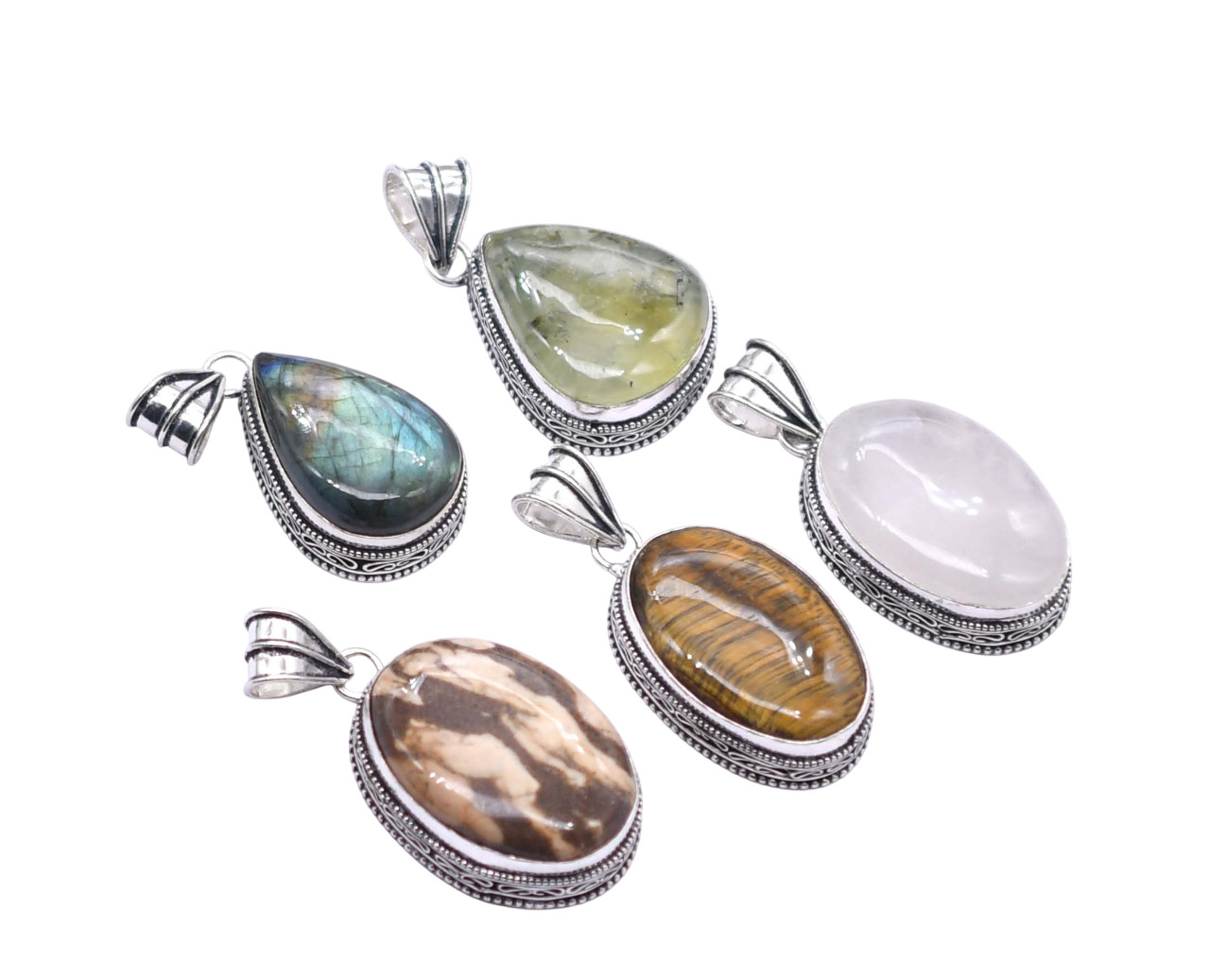 5 PCS Mix Gemstones Ethnic Handmade Pendant Silver Plated Mix Lot PP 158