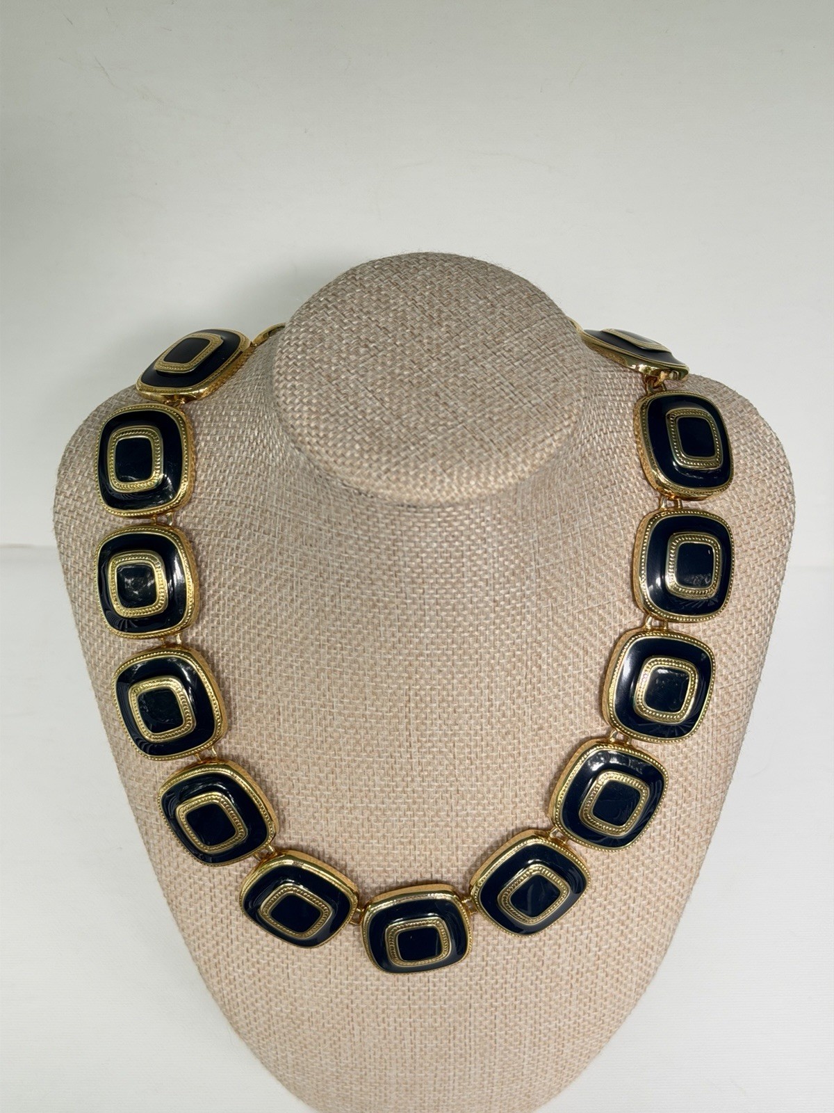 Vintage Gold Tone Navy Blue Enamel Geometric Statement Necklace Choker Collar