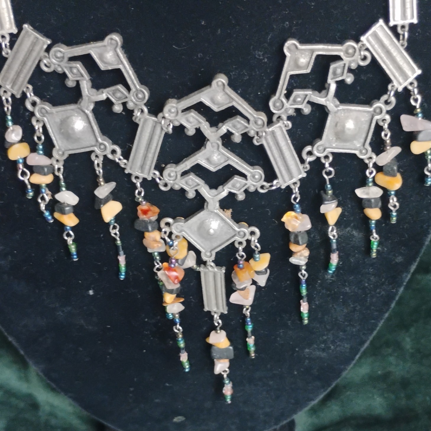 Silver Tone Art Deco Bib Statement Necklace, Pink Crystals Bead Dangles