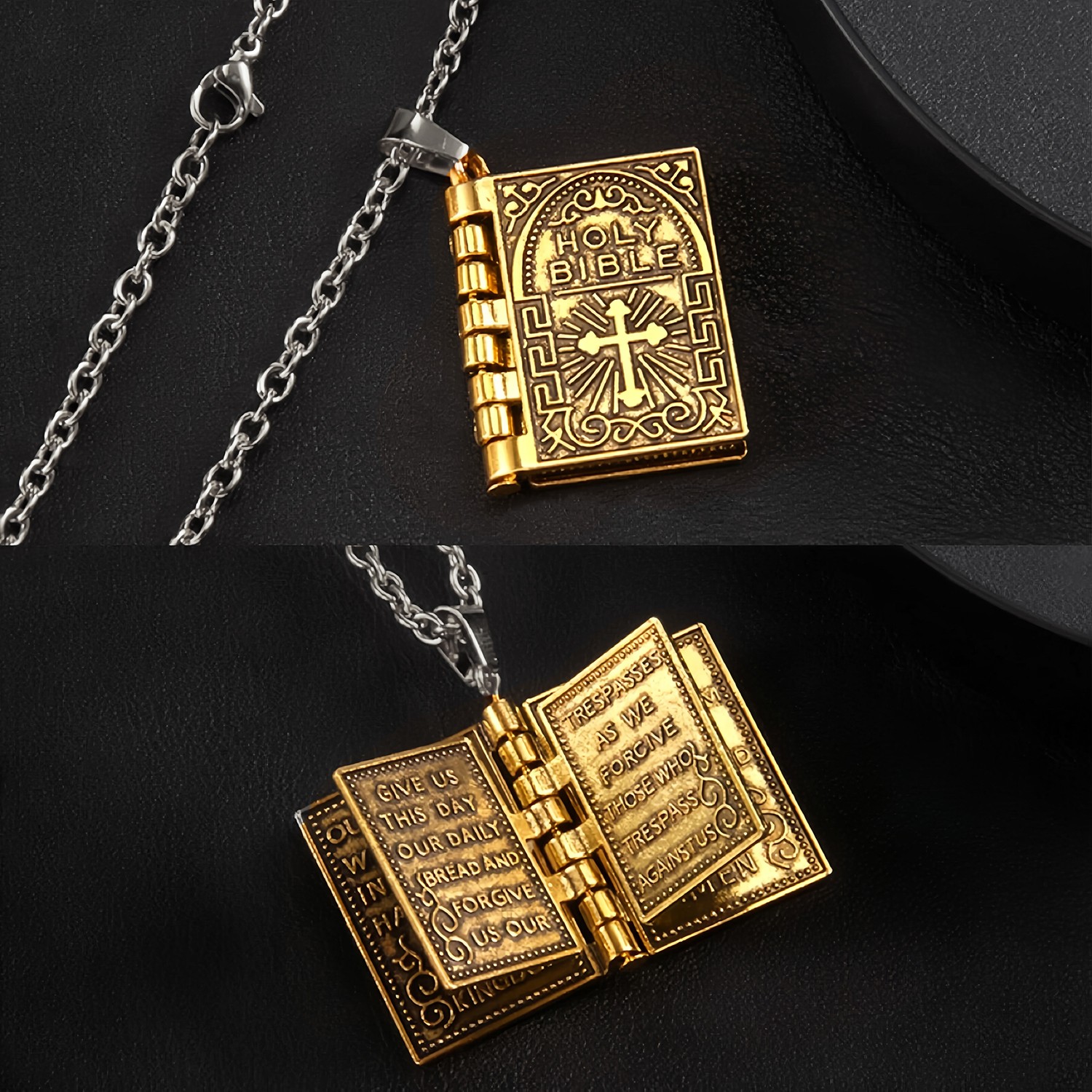 Men Women Vintage Gold Jewelry Bible Book Cross Pendant Daily Wear Necklace