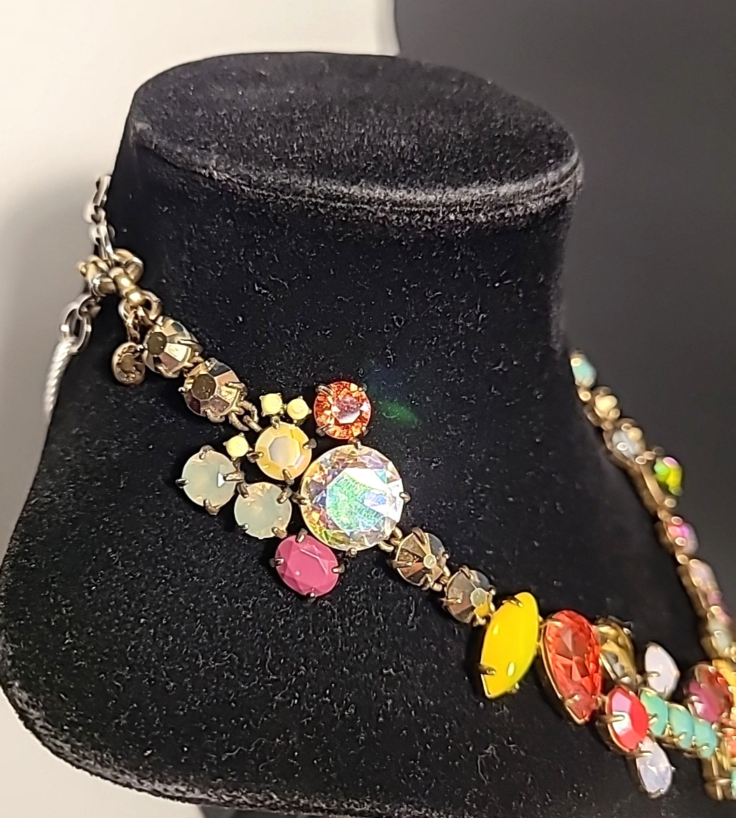 J Crew Melange Statement Necklace Multicolor Crystal Rhinestone Silver Tone 18″