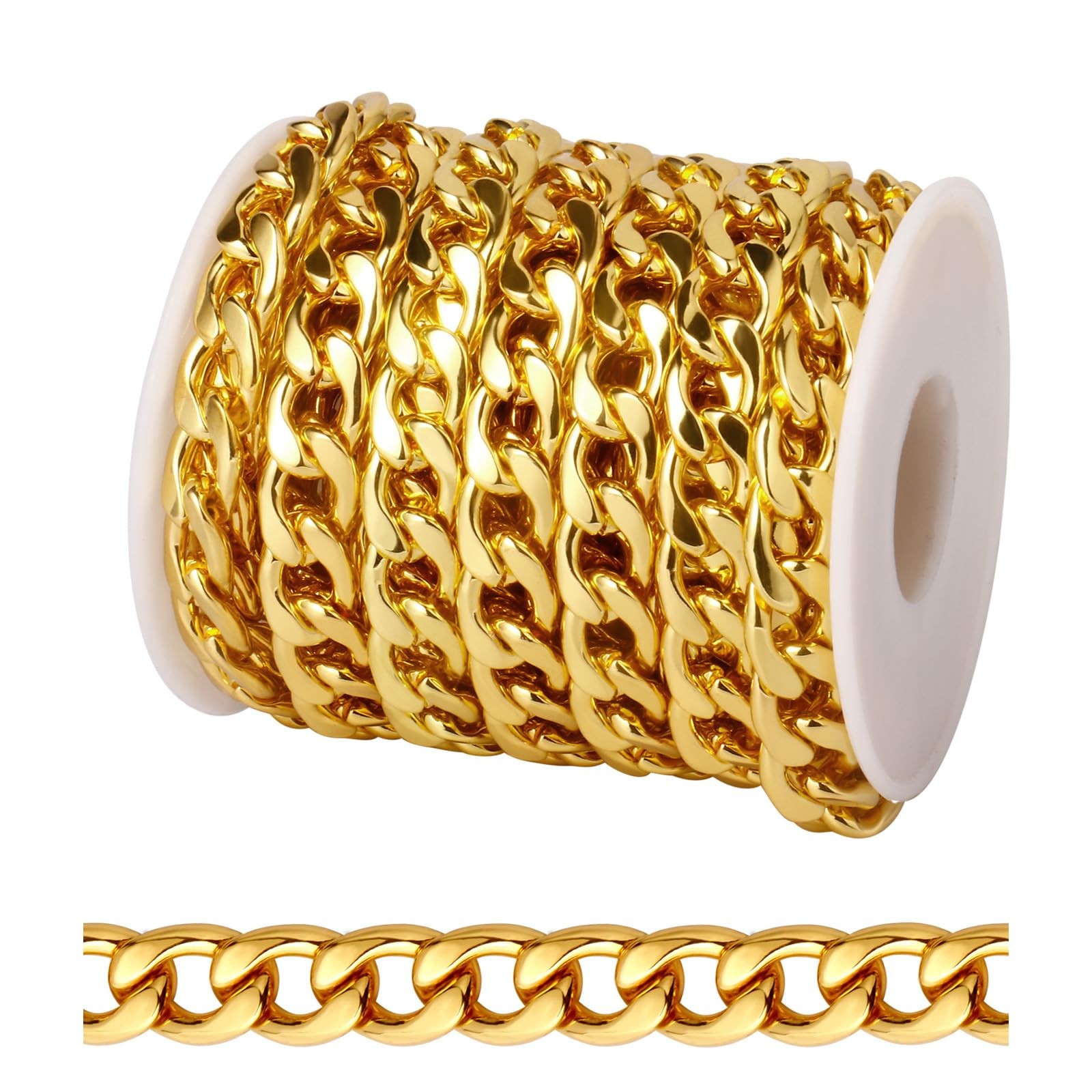 [16.5 FT] 18K Gold Plated Curb Chain for Jewelry Making, 9.8Mm Wide 304 Stainles