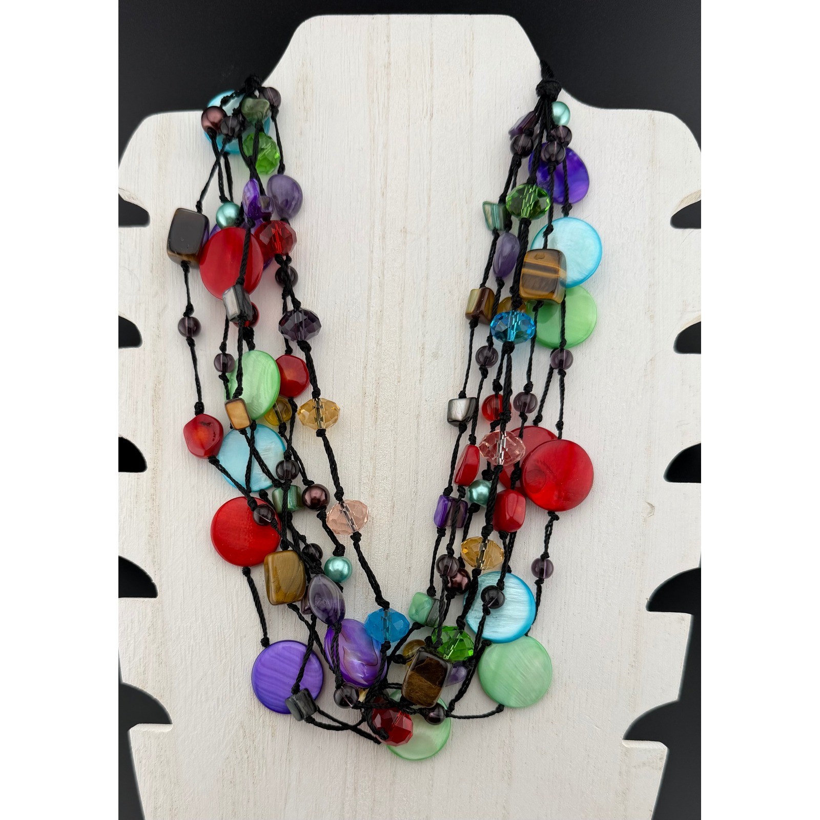 Premier Designs Multi-Strand Statement Necklace Multicolor Shell Tiger Eye Boho