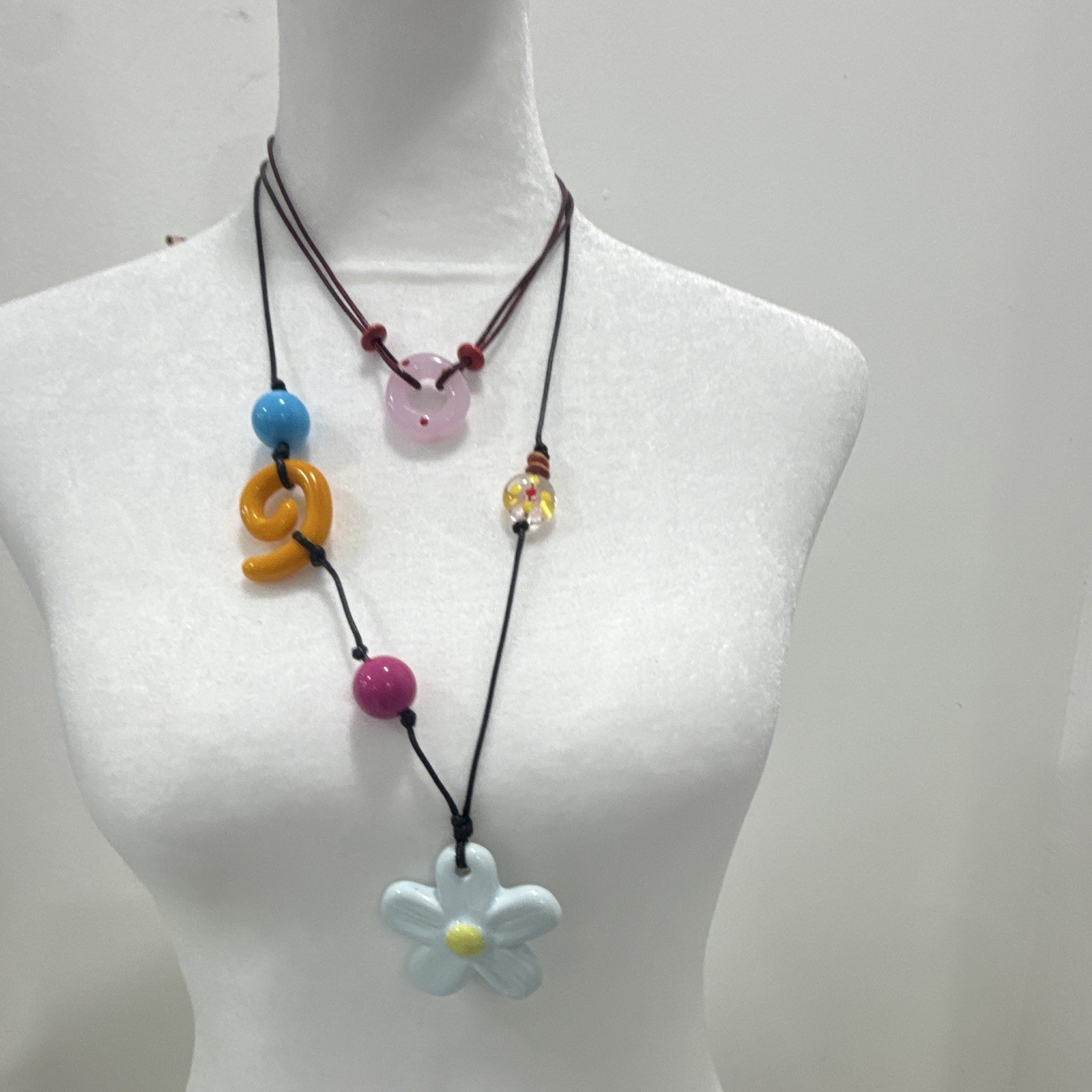 Multicolor Glass Beaded Necklace Flower Charm Pendant Cord Tie Adjustable