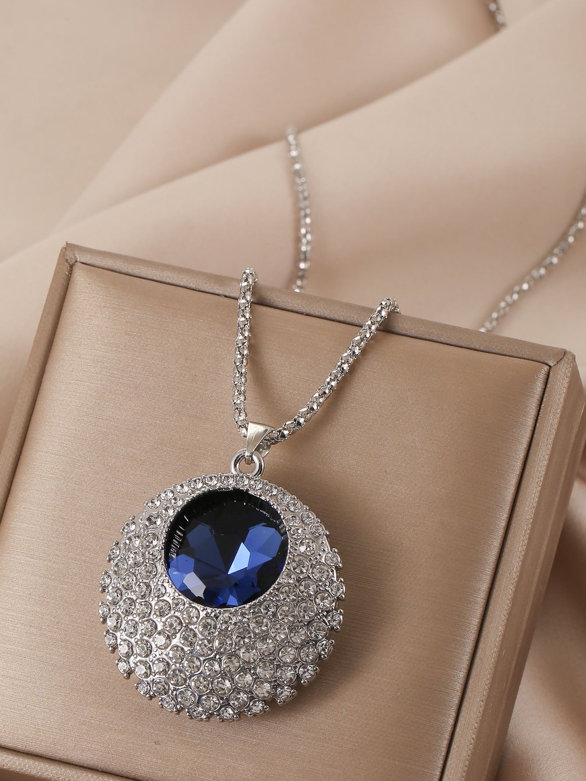 Rhinestone Blue Decor Round Pendant Long Necklace for Women Jewelry for Women