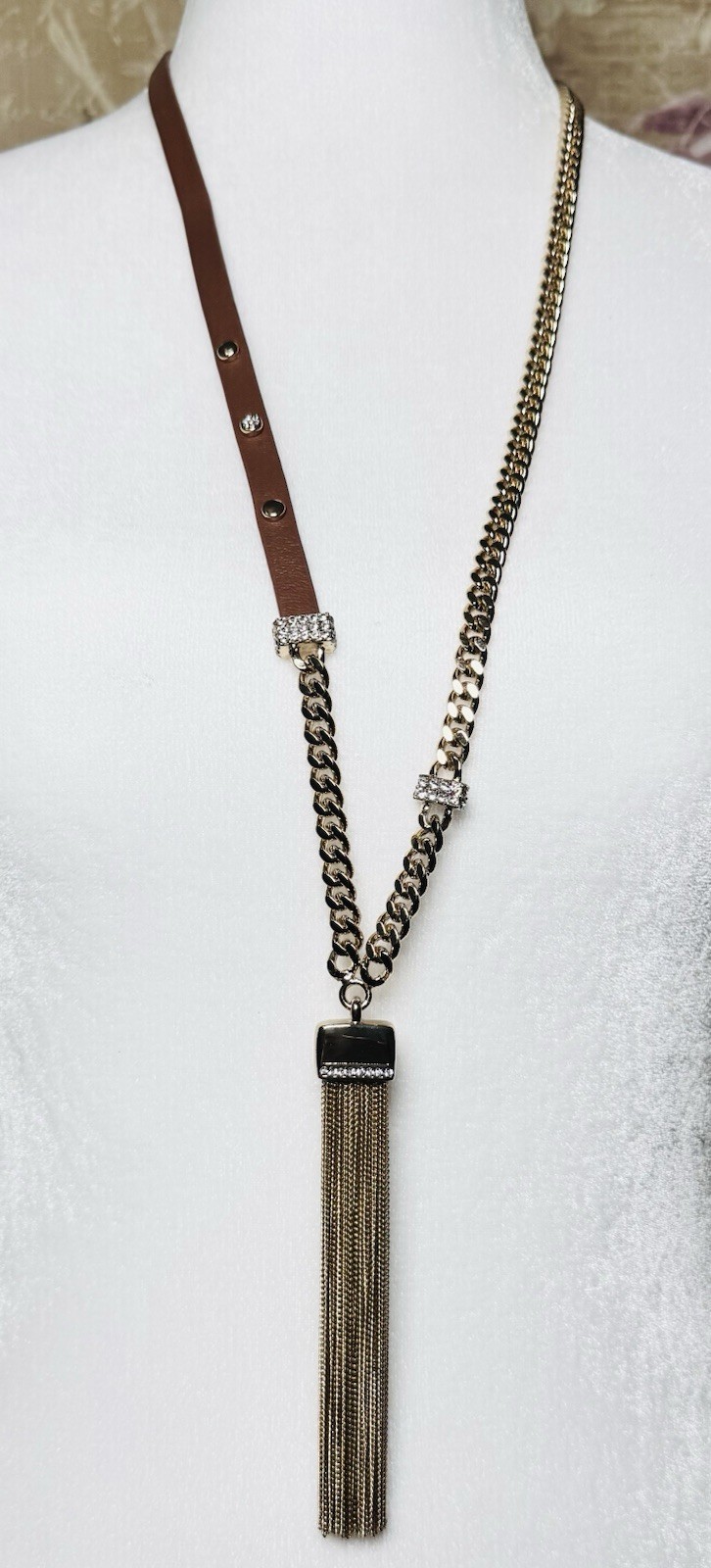 White House Black Market Necklace Gold Tone & Leather Tassel Necklace NWT $60