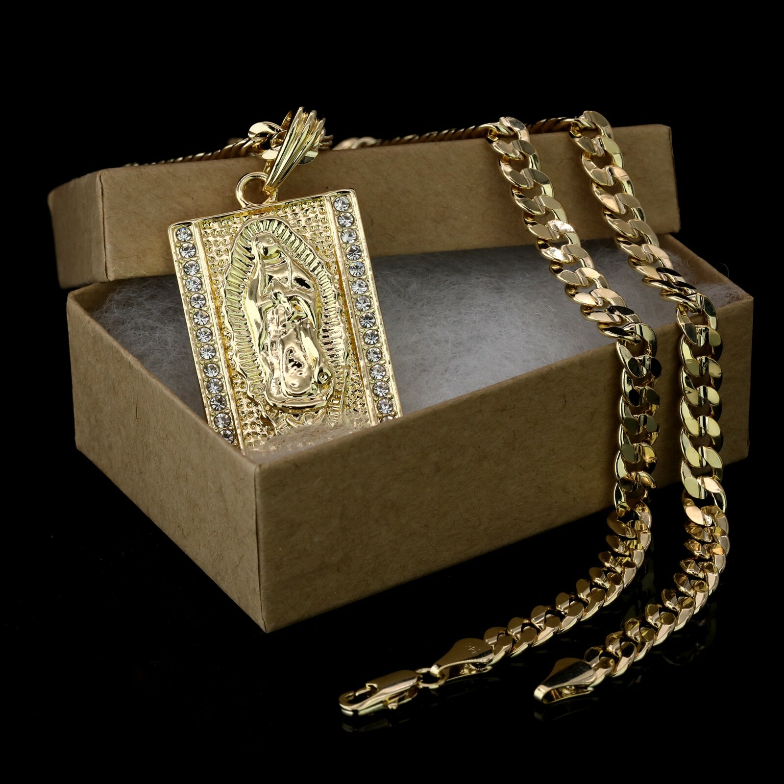 Virgin Mary Pendant 24″ Cuban Chain 14k Gold Plated Square Cubic Zirconia HipHop